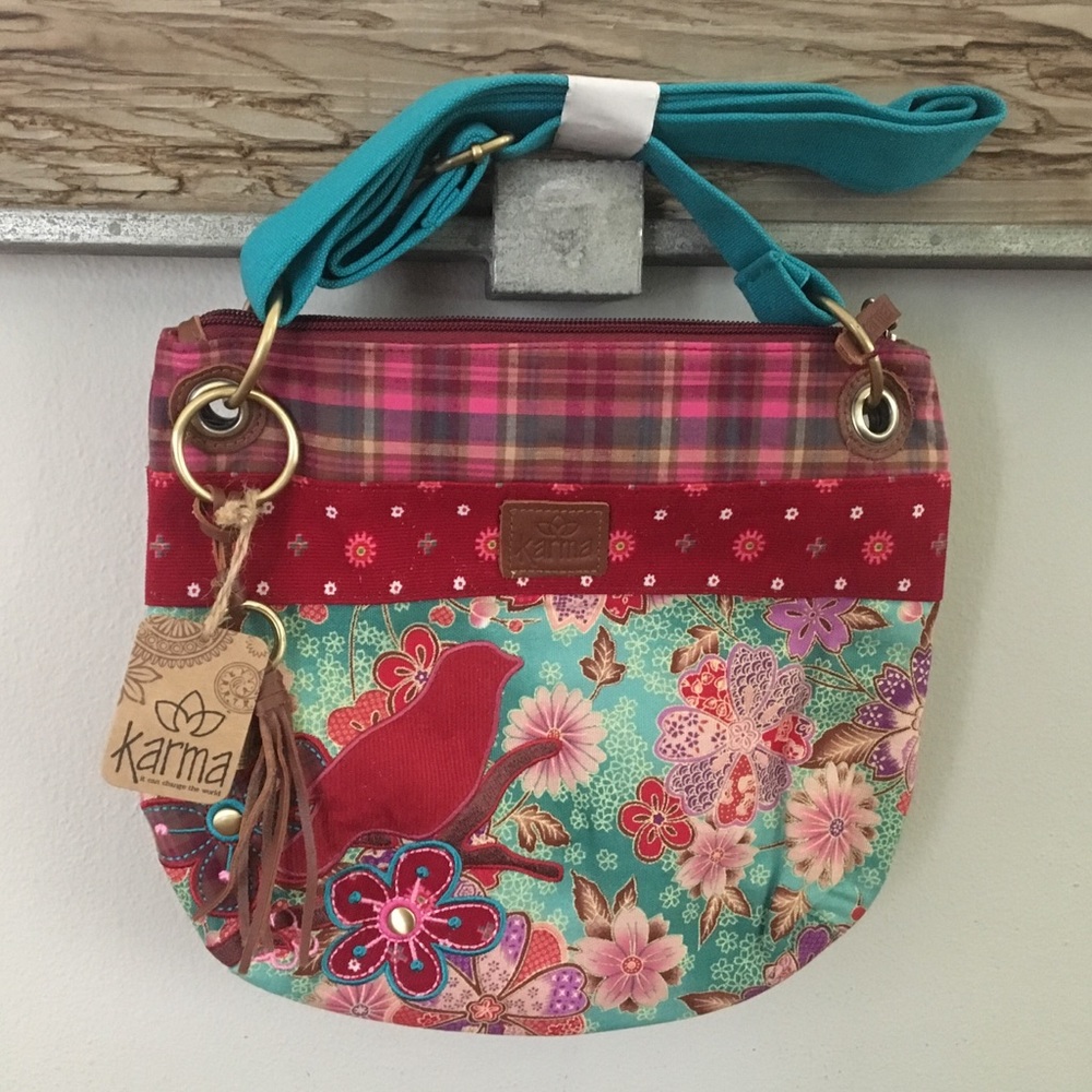 Floral & Plaid Print Handbag with Bird Stitching